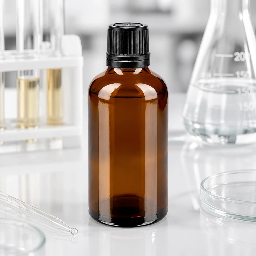 Flacone in vetro ambrato da 50 ml con tappo di sicurezza nero da 8 mm Protezione dai raggi UV Laboratorio