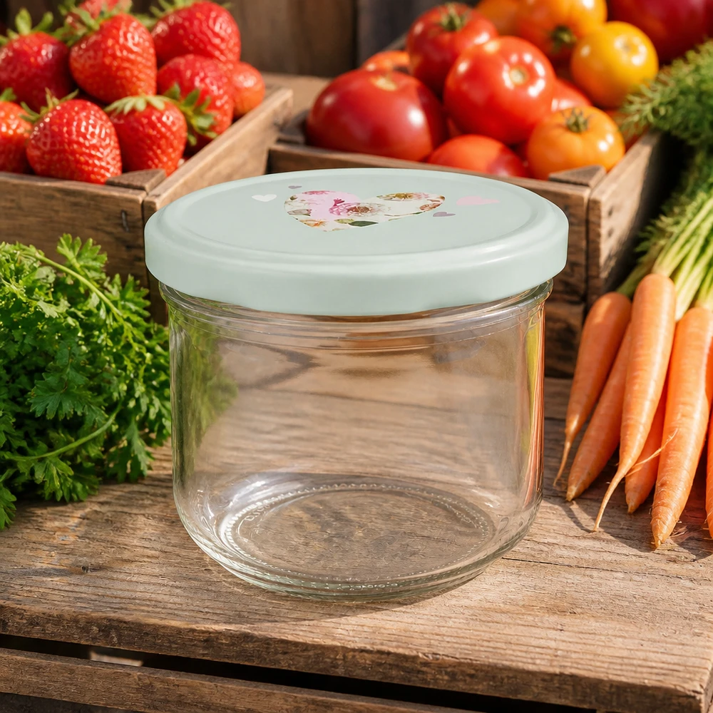 260ml tumbler + BasicSeal coperchio cuore menta UNiTWIST Barattolo di vetro da 260 ml vuoto con coperchio BasicSeal verde menta davanti a pomodori freschi, fragole e carote su un tavolo di legno