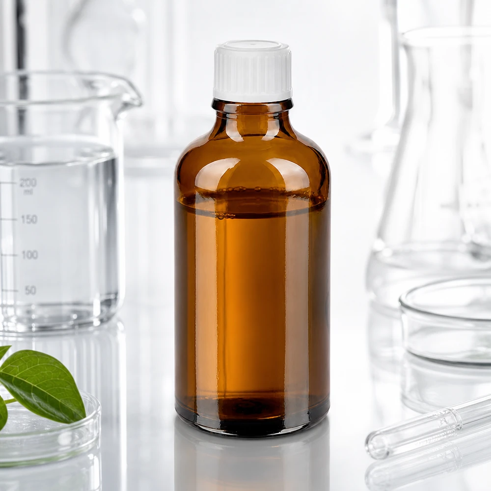 Bottiglia da farmacia marrone da 50 ml. SV STD bianco/11mm ApoGlas Flacone da 50 ml in vetro ambrato con tappo bianco standard in un ambiente di laboratorio professionale
