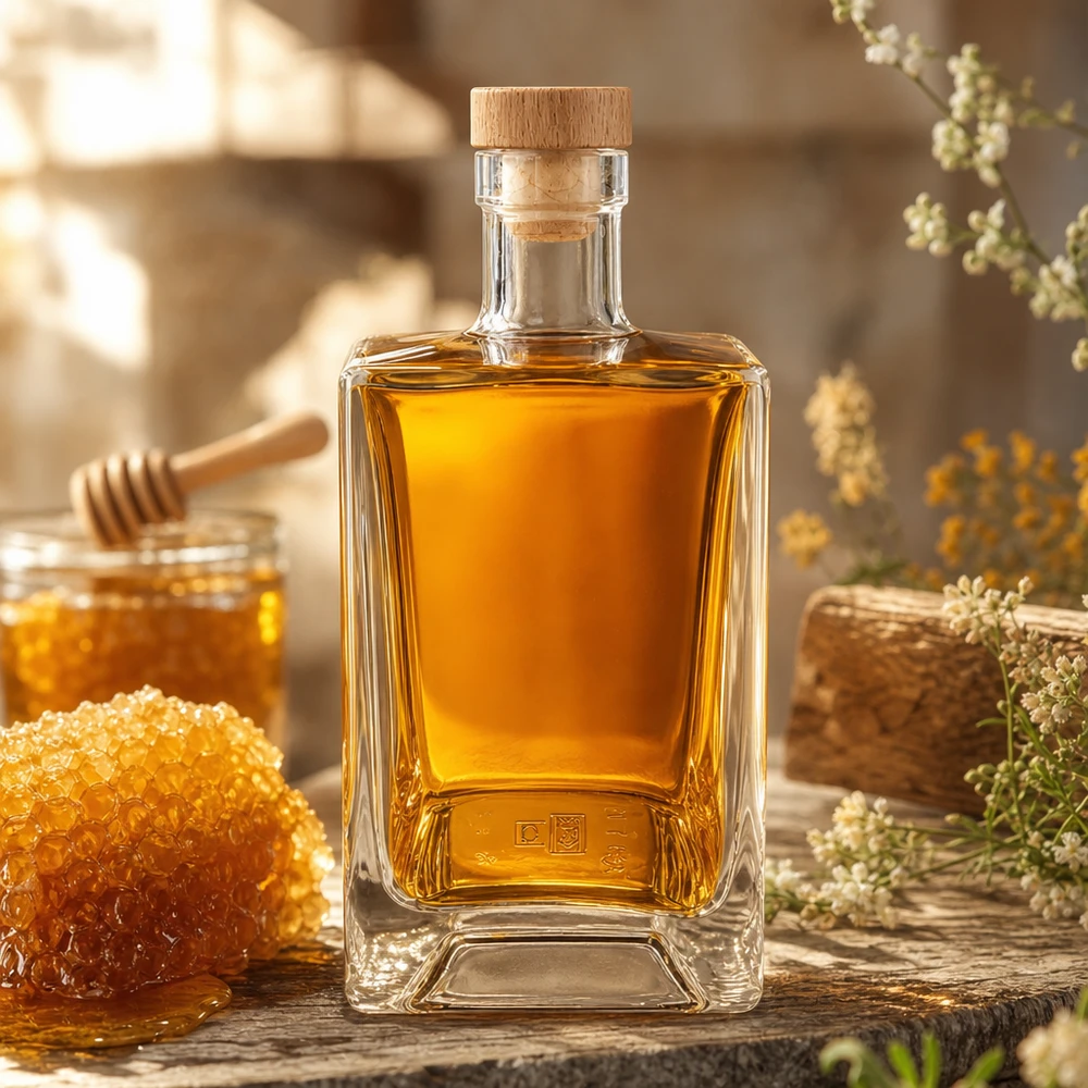 Bottiglia in vetro da 700 ml Ben con tappo in sughero con impugnatura in legno UNiTWIST® Bottiglia di vetro da 700 ml Ben riempita di miele accanto a favo e vasetto di miele decorazione rustica tappo di legno UNiTWIST
