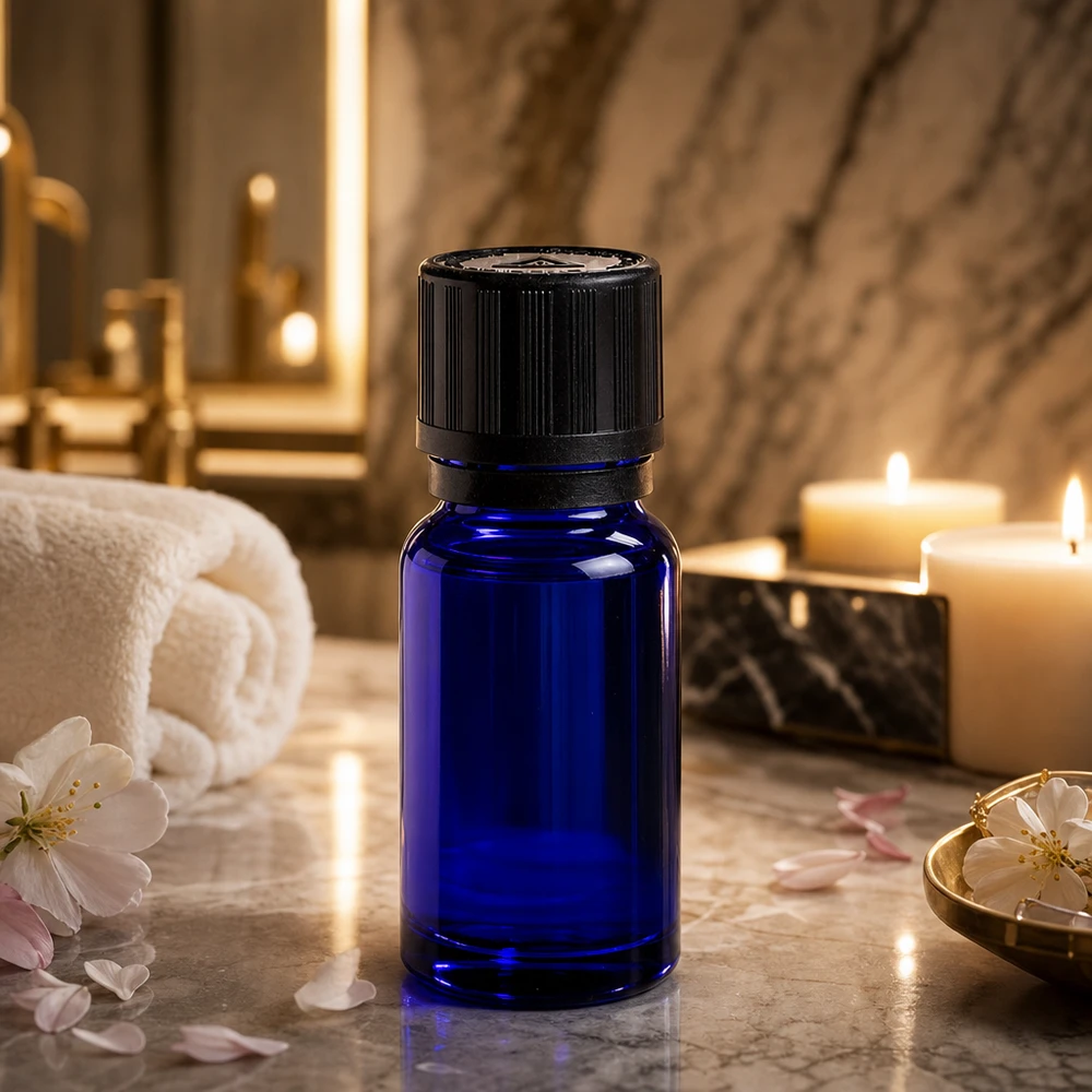 Flacone contagocce blu da 10 ml con tappo a vite nero su una superficie di marmo, illuminato dalla suggestiva luce delle candele