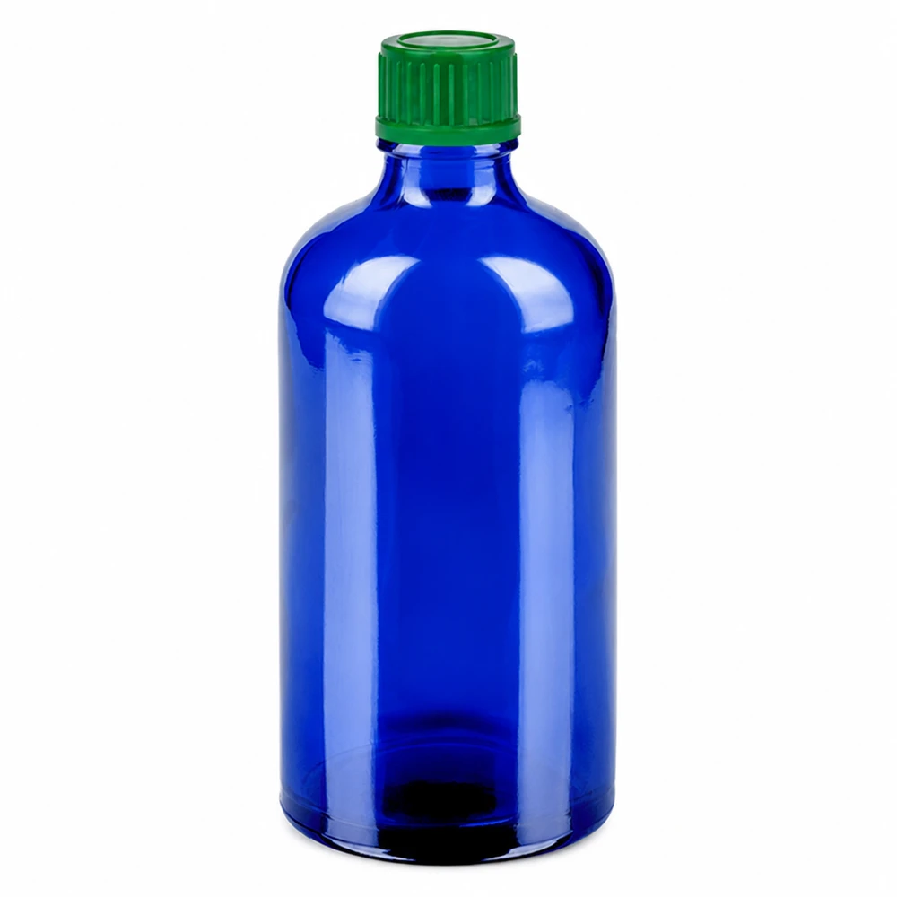Bottiglia da 100ml 11mm SV verde STD BlueLine UT18/100 Bottiglia in vetro di alta qualità da 100 ml blu con protezione UV e tappo verde a prova di bambino