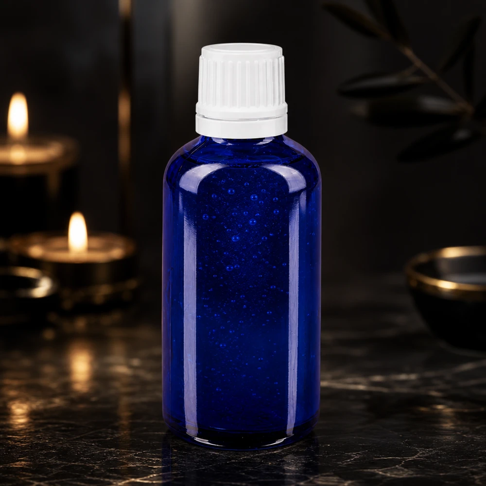 Flacone contagocce blu da 50ml OV bianco/0,7mm ApoGlas Bottiglia di vetro blu slanciata da 50 ml con tappo a vite bianco su marmo scuro