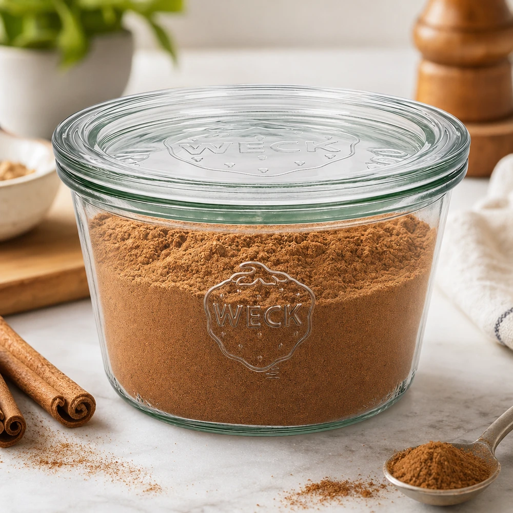 Barattolo da 370 ml con coperchio in vetro WECK RR100 Bicchieri WECK da 370 ml RR100 riempiti di polvere di cacao circondati da bastoncini di cannella per conservare le spezie in cucina