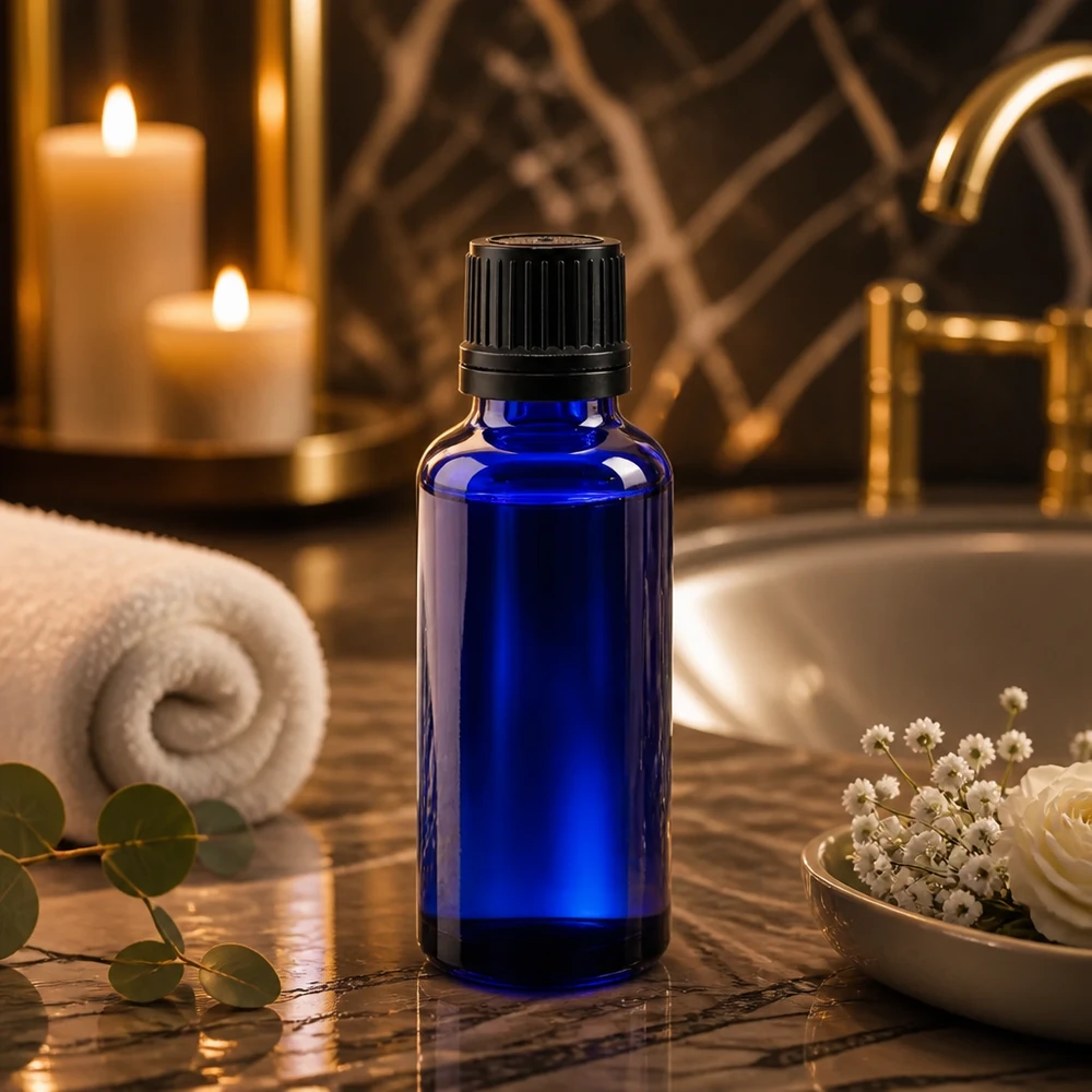 Bottiglia contagocce blu da 30ml OV nero/1mm ApoGlas Fialetta ApoGlas blu da 30 ml con tappo a vite nero su una superficie di marmo, accanto a candele e un asciugamano