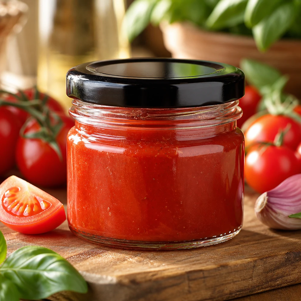 Vaso rotondo in vetro da 33 ml + coperchio BasicSeal nero UNiTWIST Vasetto da conserva in miniatura da 33 ml con coperchio nero, adatto per concentrato di pomodoro e sugo per la pasta