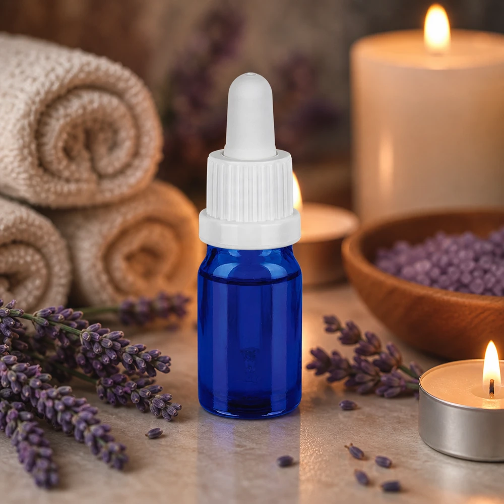 Flacone per pipette da 5 ml bianco OV BlueLine UT18/5 Elegante flacone a pipetta blu da 5 ml con superficie opaca e sistema di gocciolamento funzionale