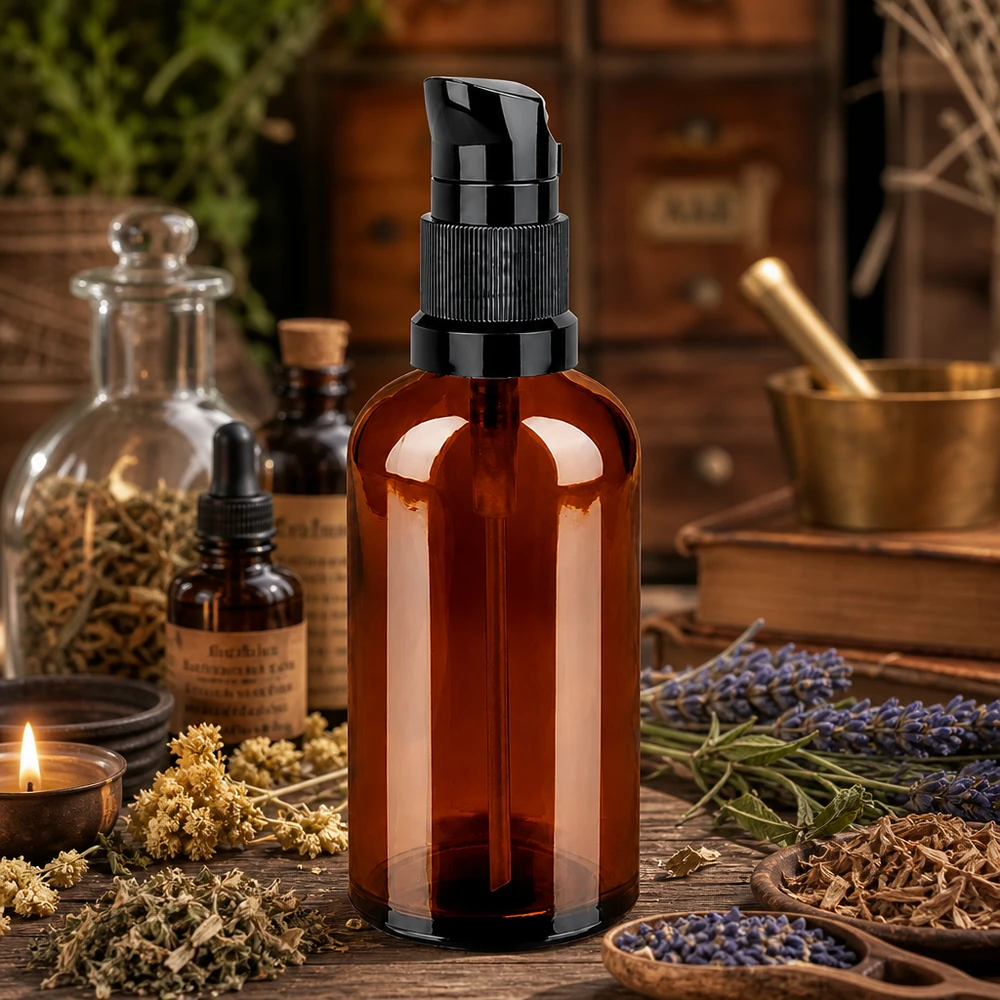 Flacone a pompa da 100 ml nero STD BrownLine UT18/100 Confezione sostenibile in vetro da 100 ml marrone con sistema a pompa nero resistente per il riempimento