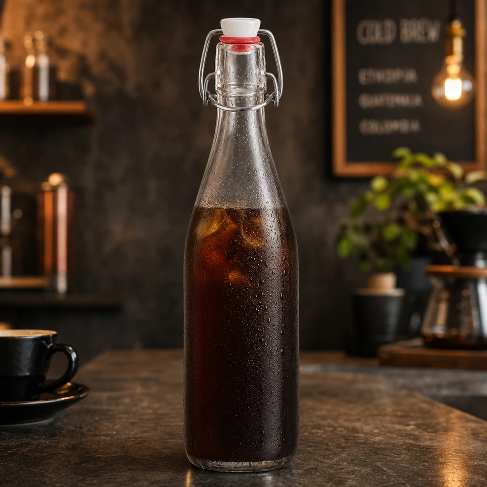 Bottiglia di vetro da 500 ml + tappo a battente in PVC UNiTWIST Bottiglia in vetro da 500 ml con tappo girevole, riempita con caffè freddo in un'atmosfera rustica da bar.