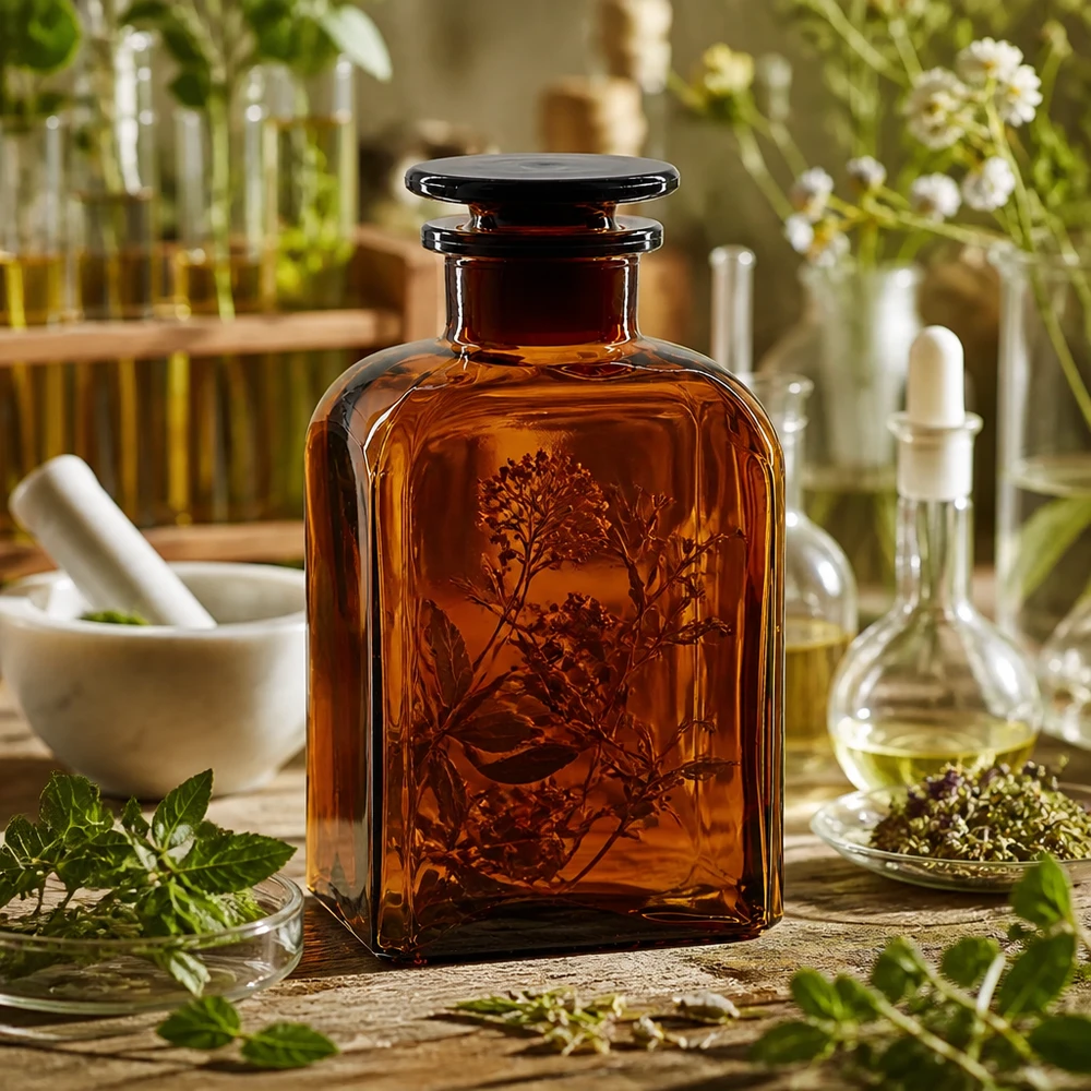 Bottiglia quadrata 500ml marrone a collo largo con tappo in vetro Bottiglia quadrata marrone da 500 ml con collo largo e tappo in vetro per oli alle erbe e tinture