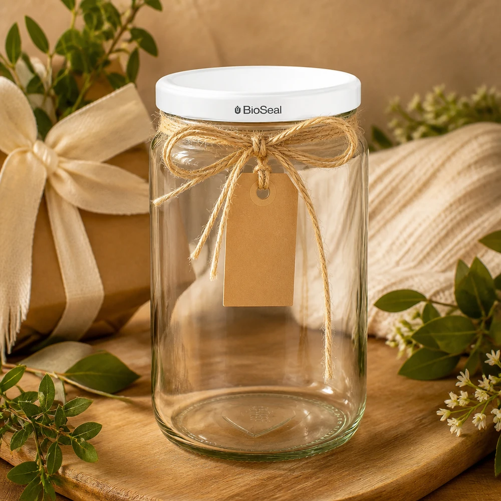 UNiTWIST Rounda795 con coperchio bianco TO82 BioSeal UNiTWIST Runda795 scatola regalo con fiocco in rafia ed etichetta in carta kraft - confezione decorativa in vetro