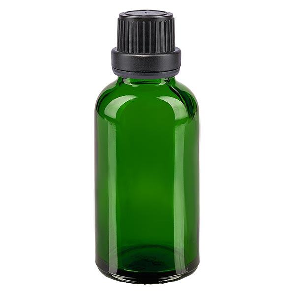Bottiglia da farmacia verde da 30ml. SV OV nero/11mm ApoGlas Bottiglia da farmacia verde da 30ml. SV OV nero/11mm ApoGlas