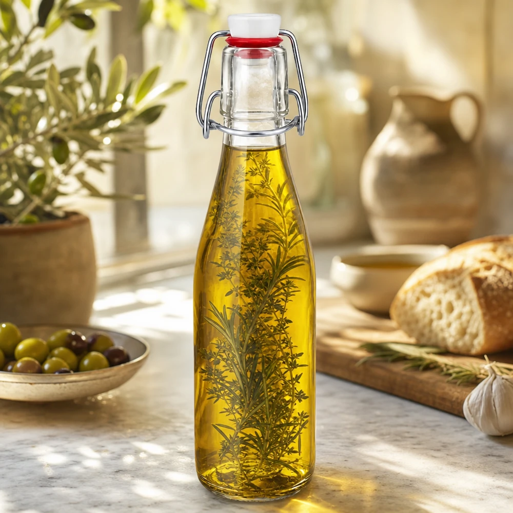 Bottiglia in vetro da 250 ml + tappo oscillante in porcellana UNiTWIST - Acquista qui! Bottiglia in vetro da 250 ml con tappo girevole riempita di olio alle erbe, scena decorativa di cucina con olive e pane
