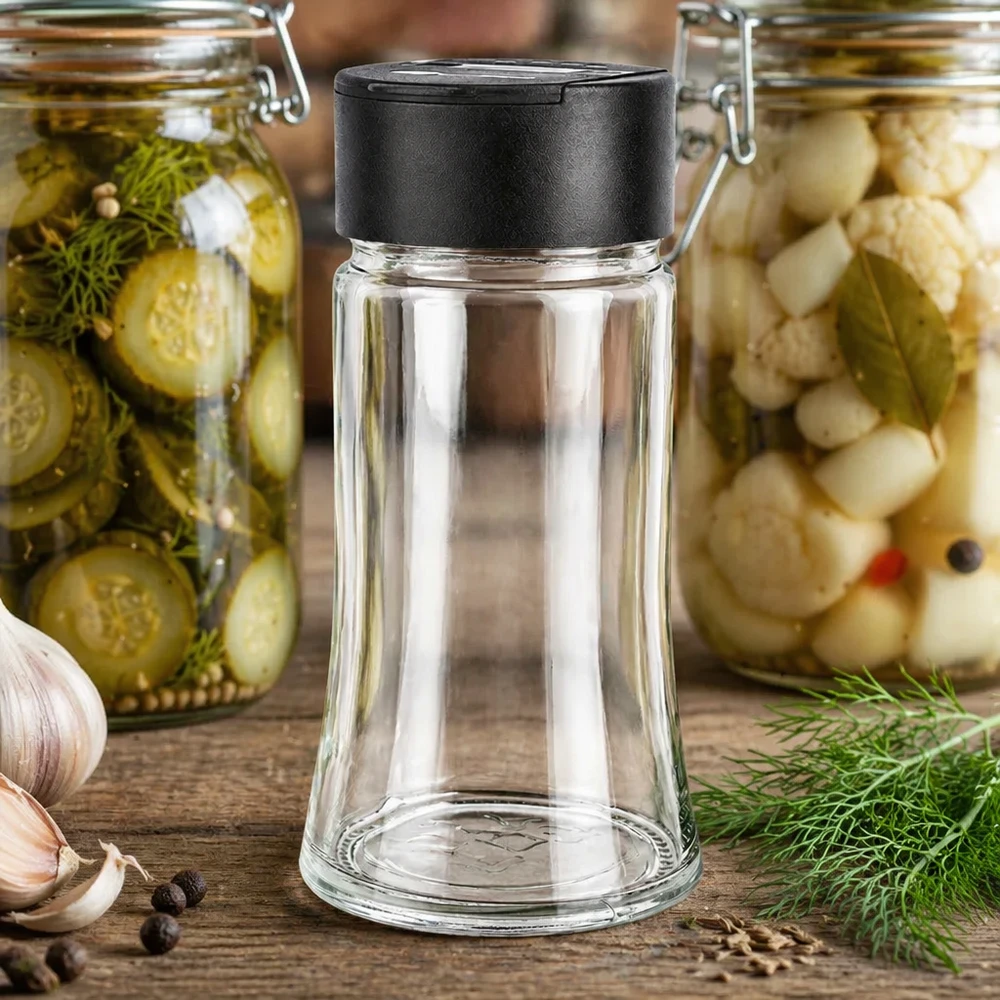 Piccolo barattolo per spezie da 95 ml con spargitore doppio nero, tra cetrioli sott'aceto e cavolfiore