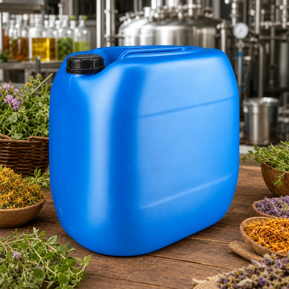 Tanica blu da 30 litri con tappo a vite OV, circondata da erbe aromatiche e da un impianto di distillazione