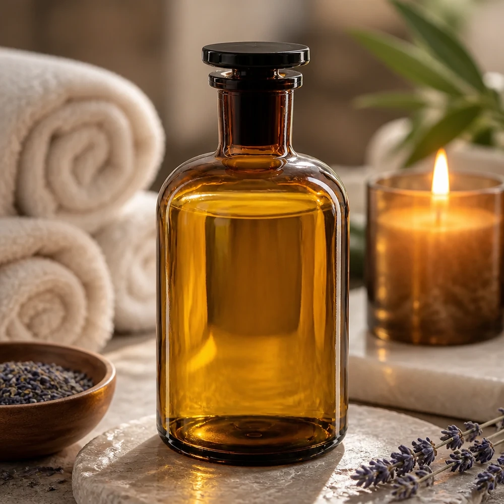 Spa Ambiente, flacone marrone a spalle arrotondate da 500 ml, collo stretto, tappo in vetro, per la conservazione di oli aromatici