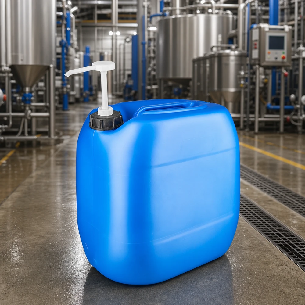 Tanica 30 litri blu con pompa dosatrice Tanica industriale rettangolare da 30 litri, di colore blu, con pompa dosatrice, prodotta in un moderno impianto di produzione