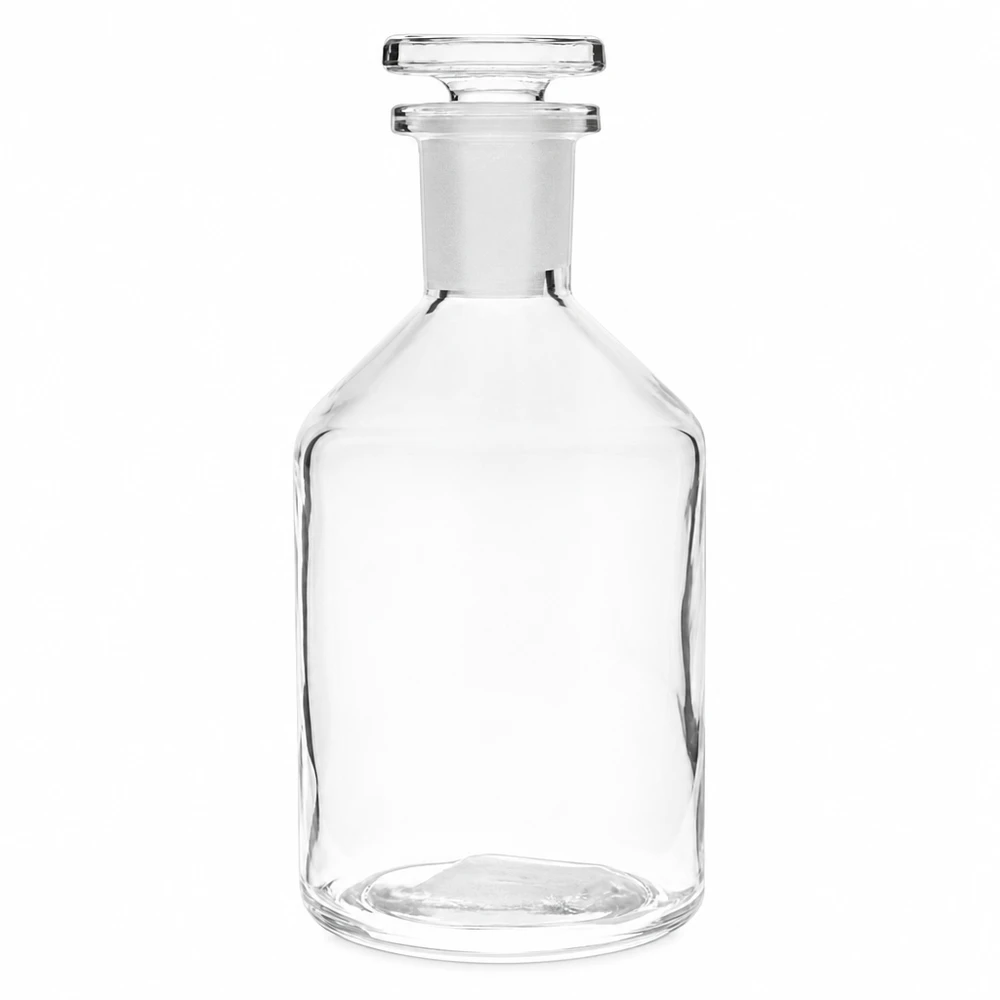 Bottiglia a collo alto 50ml in vetro trasparente con tappo a collo stretto Bottiglia trasparente a collo stretto e pancia bombata da 50 ml con tappo in vetro molato
