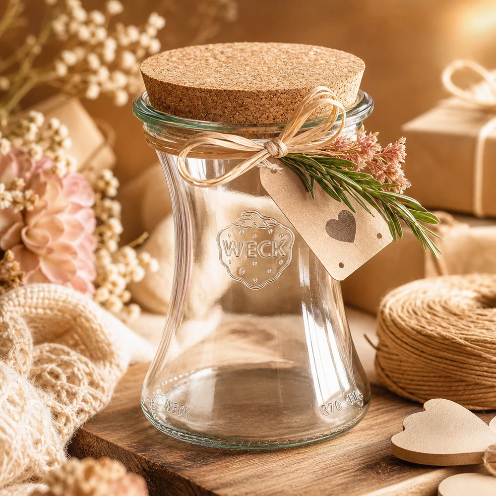 Vaso per salumi WECK 370ml RR80 con coperchio in sughero in confezione regalo con fiocco e ciondolo a cuore