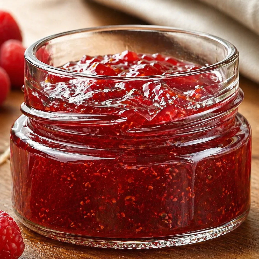 UNiTWIST Runda80 - Barattolo rotondo capacità 80ml TO58profondo UNiTWIST Runda80 vaso rotondo 80ml TO58deep riempito di marmellata rossa su una base di legno con bacche