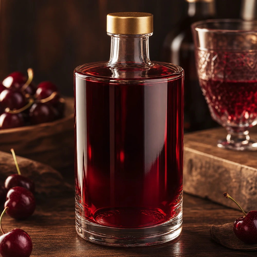 Bottiglia di vetro da 375 ml Sam riempita con liquore di ciliegie dorato UNiTWIST tappo a vite liquore di ciliegie ambiente spiriti
