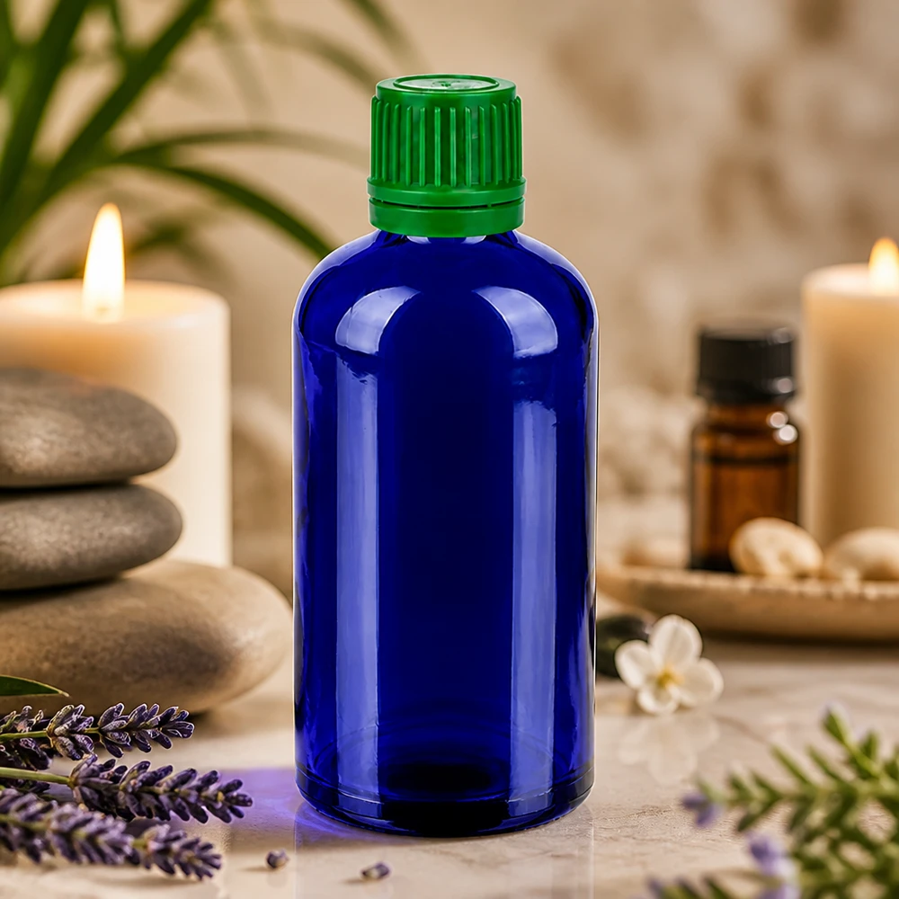 Bottiglia da 100ml 11mm SV verde OV BlueLine UT18/100 Elegante bottiglia blu da 100 ml con tappo in plastica verde di alta qualità SV-System