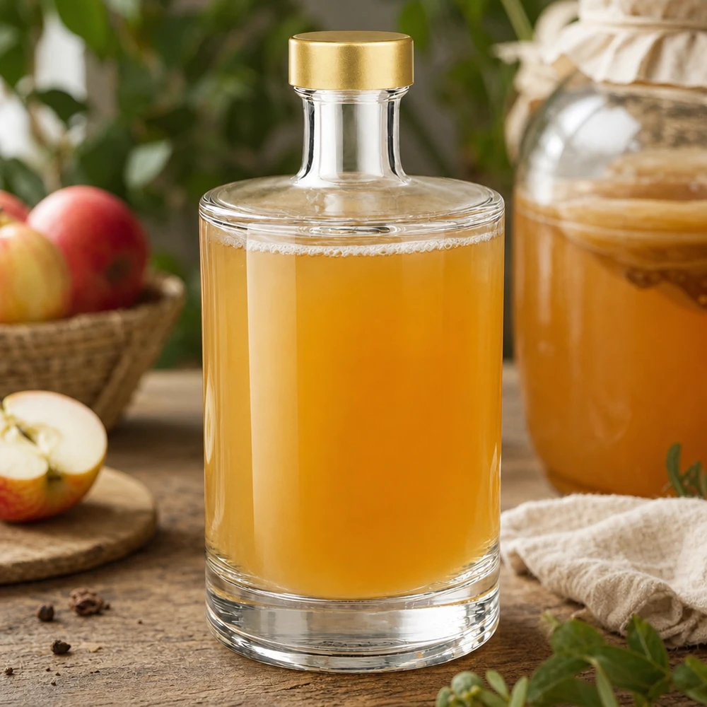 Bottiglia in vetro da 500 ml Sam + tappo a vite dorato UNiTWIST® Bottiglia di vetro da 500 ml Sam riempita di succo di mela tappo dorato UNiTWIST decorazione rustica di mele tavolo in legno