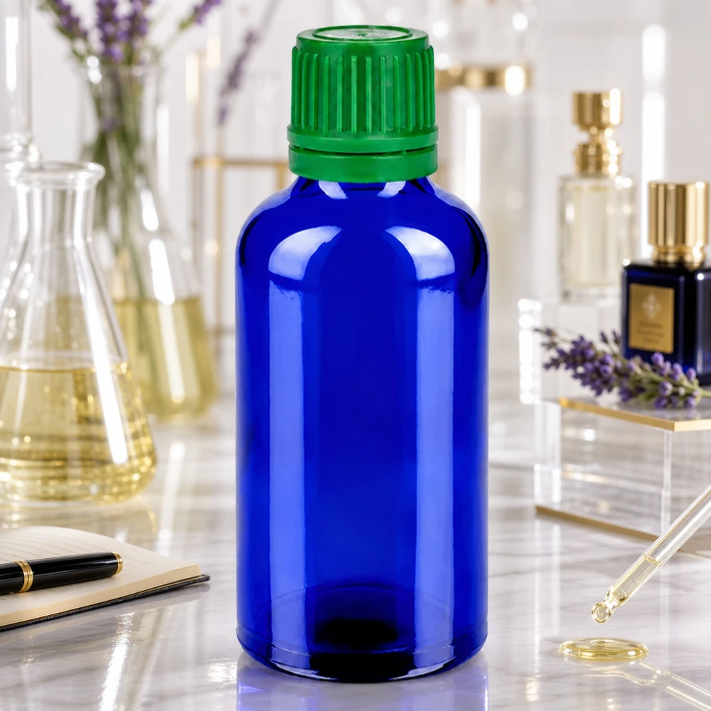 Bottiglia da 50ml 11mm SV verde OV BlueLine UT18/50 Moderno flacone di design da 50 ml con combinazione di colori blu-verde a contrasto per prodotti di alta qualità