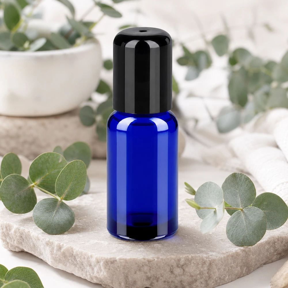 Flacone roll-on da 20 ml nero STD BlueLine UT18/20 Flacone ergonomico in vetro da 20 ml con tappo roll-top dall'elegante design blu e nero