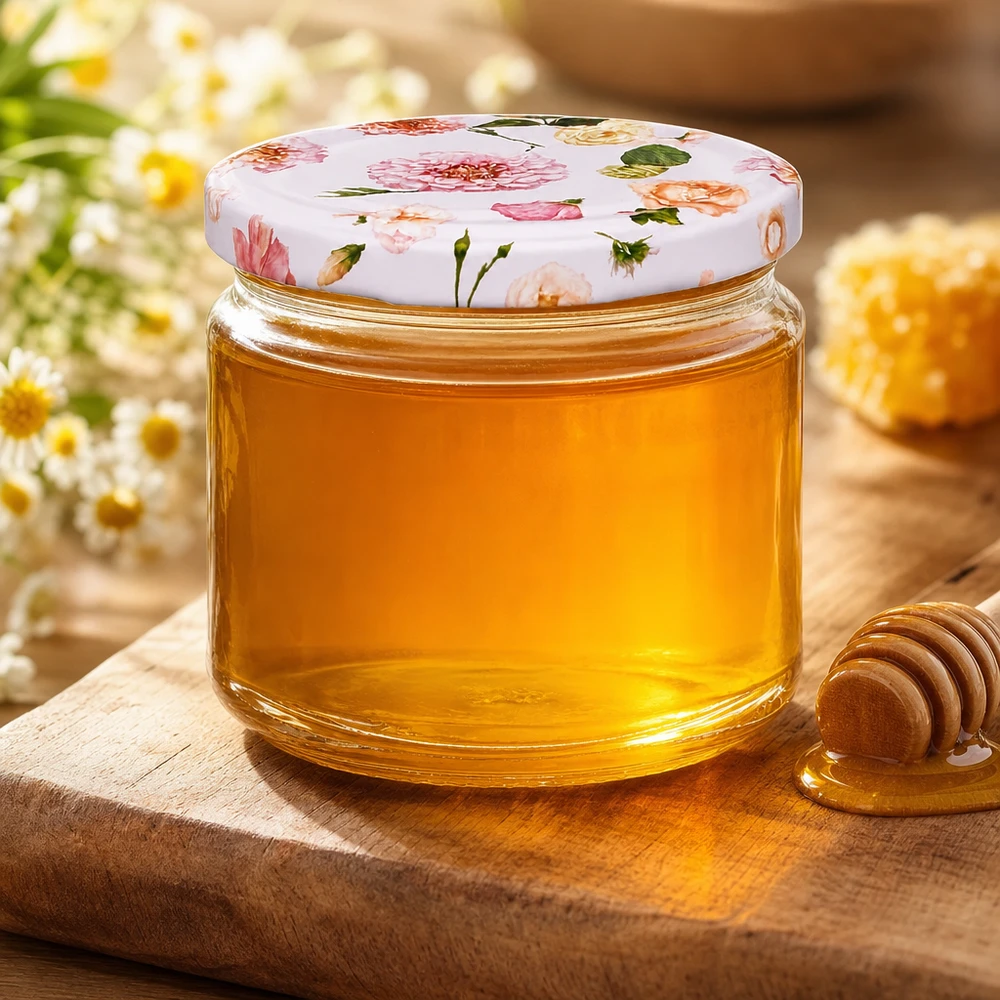 Barattolo rotondo da 330 ml + coperchio BasicSeal rosa fiore UNiTWIST 330ml Rundglas rosa Blütenmuster mit Honig befüllt Holzlöffel Marmeladenglas Imkerei Süßspeisen Küchendeko