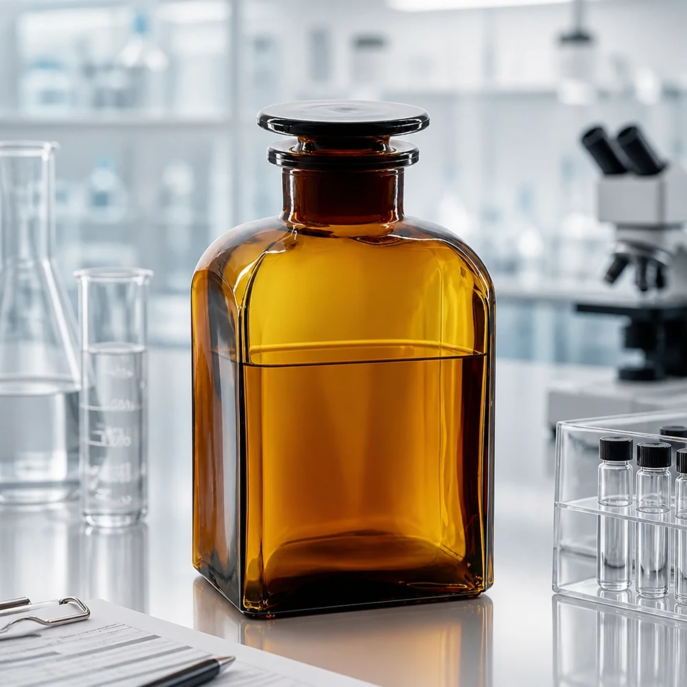 Bottiglia quadrata 500ml marrone a collo largo con tappo in vetro Flacone opaco da 500 ml, marrone, in vetro borosilicato, con collo largo e tappo piatto in vetro