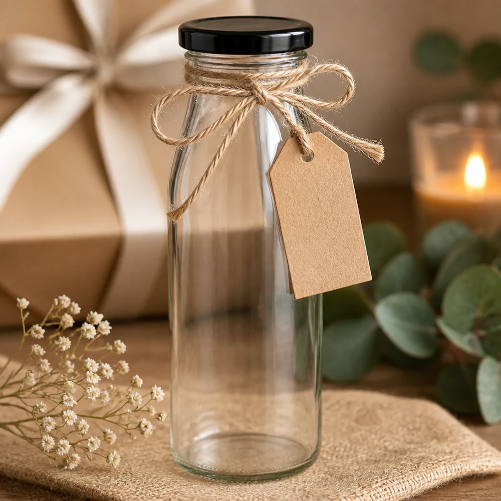 Bottiglia in vetro da 500 ml con coperchio nero in regalo, decorata con cordino di iuta e etichetta regalo rustica