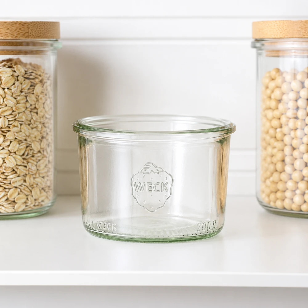 Bicchieri WECK RR80 da 200 ml con logo sul ripiano bianco accanto ai barattoli con cereali e legumi