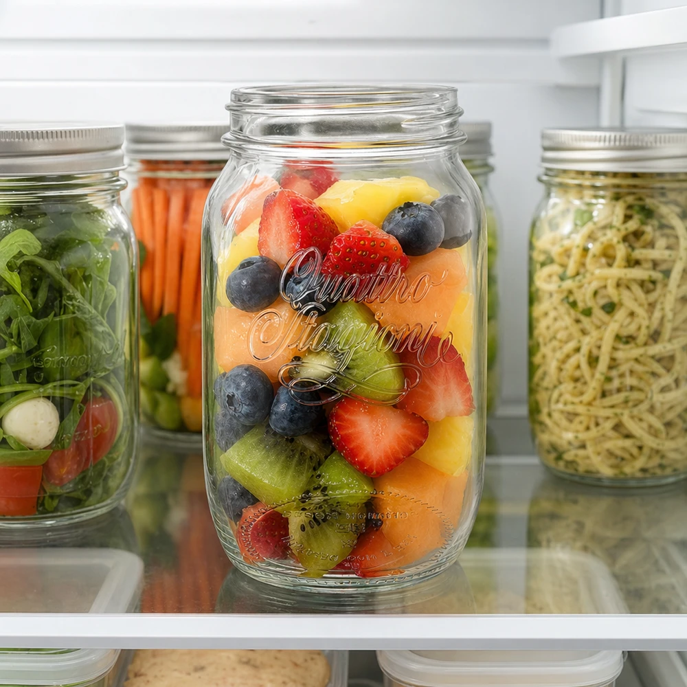 Vaso domestico "Quattro Stagioni" da 1000 ml Barattolo casalingo Quattro Stagioni da 1000 ml riempito di frutta in frigorifero per la conservazione degli alimenti