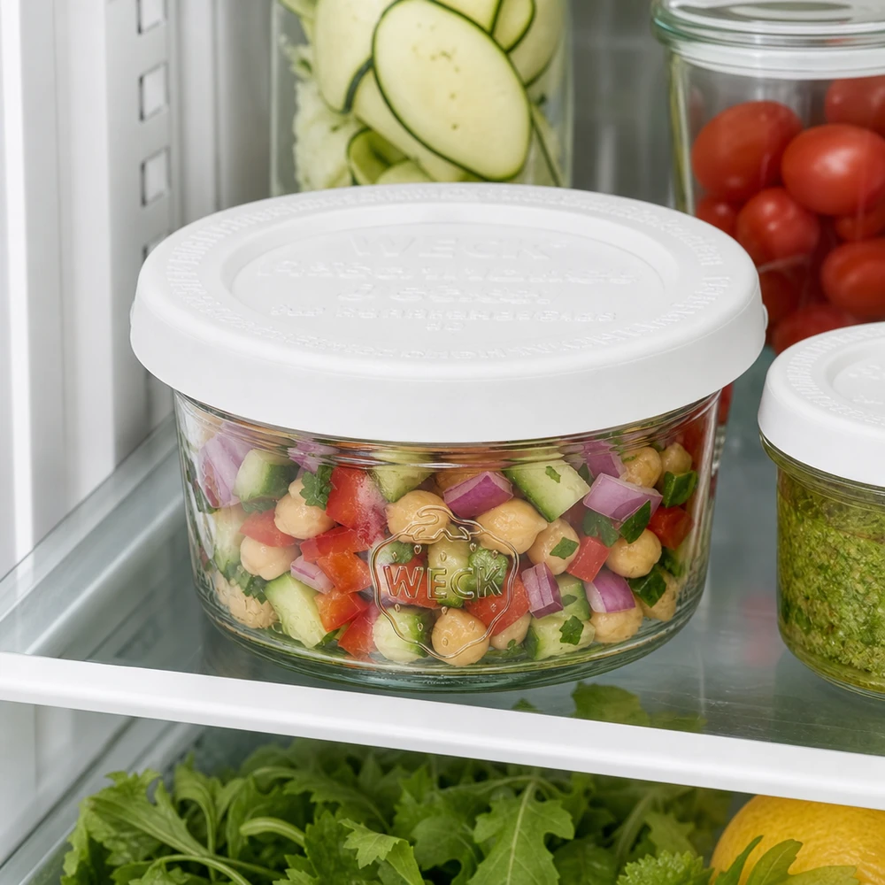 Bicchieri da 50 ml con coperchio salvafreschezza WECK RR60 WECK 50ml RR60 tumbler con insalata colorata in frigorifero tra gli ingredienti freschi per una pratica conservazione dei pasti.