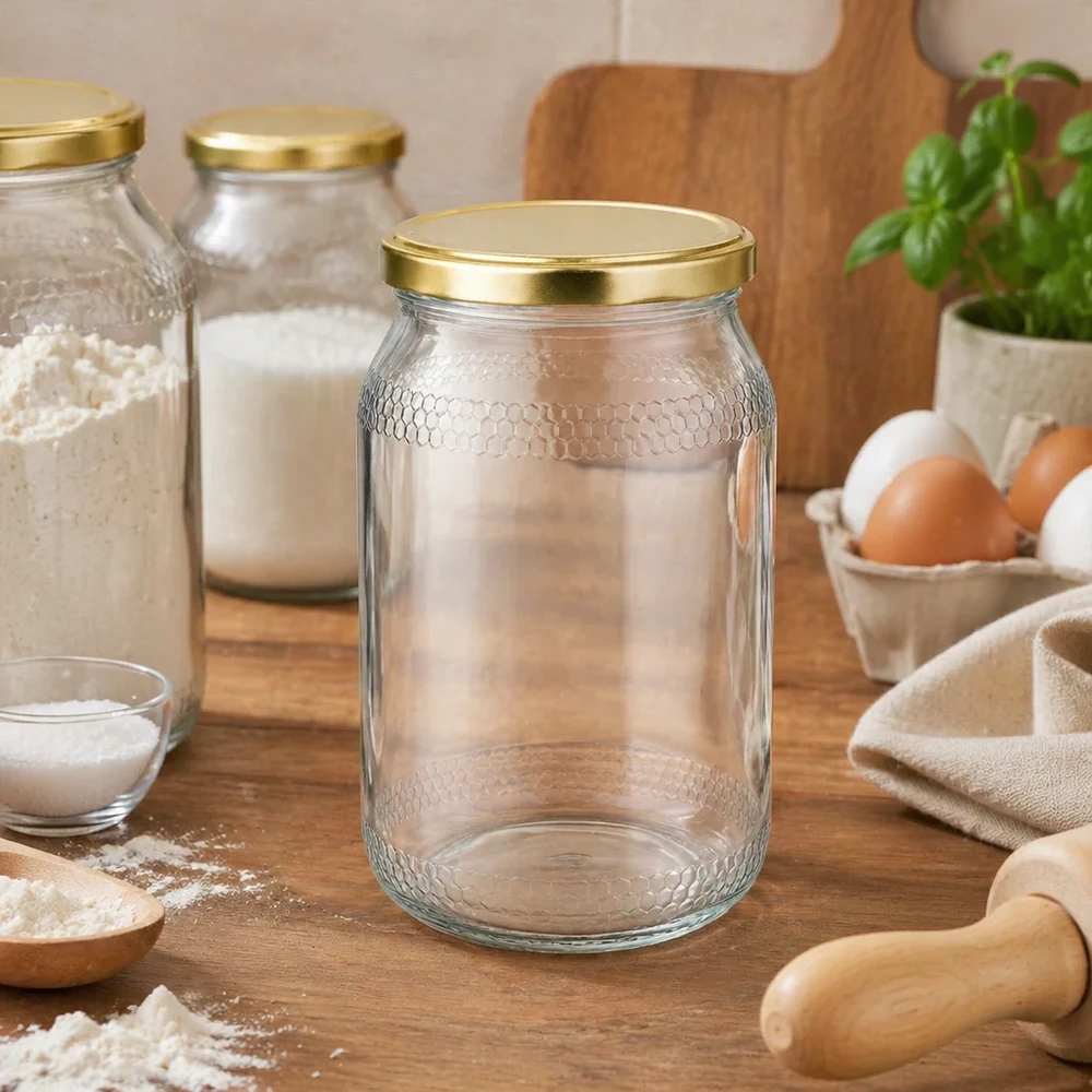 Vasetto per miele da 1260 g con capsula dorata BasicSeal UNiTWIST Vaso di miele vuoto da 900 ml con struttura a nido d'ape e coperchio dorato in una scena di cucina rustica con ingredienti da forno