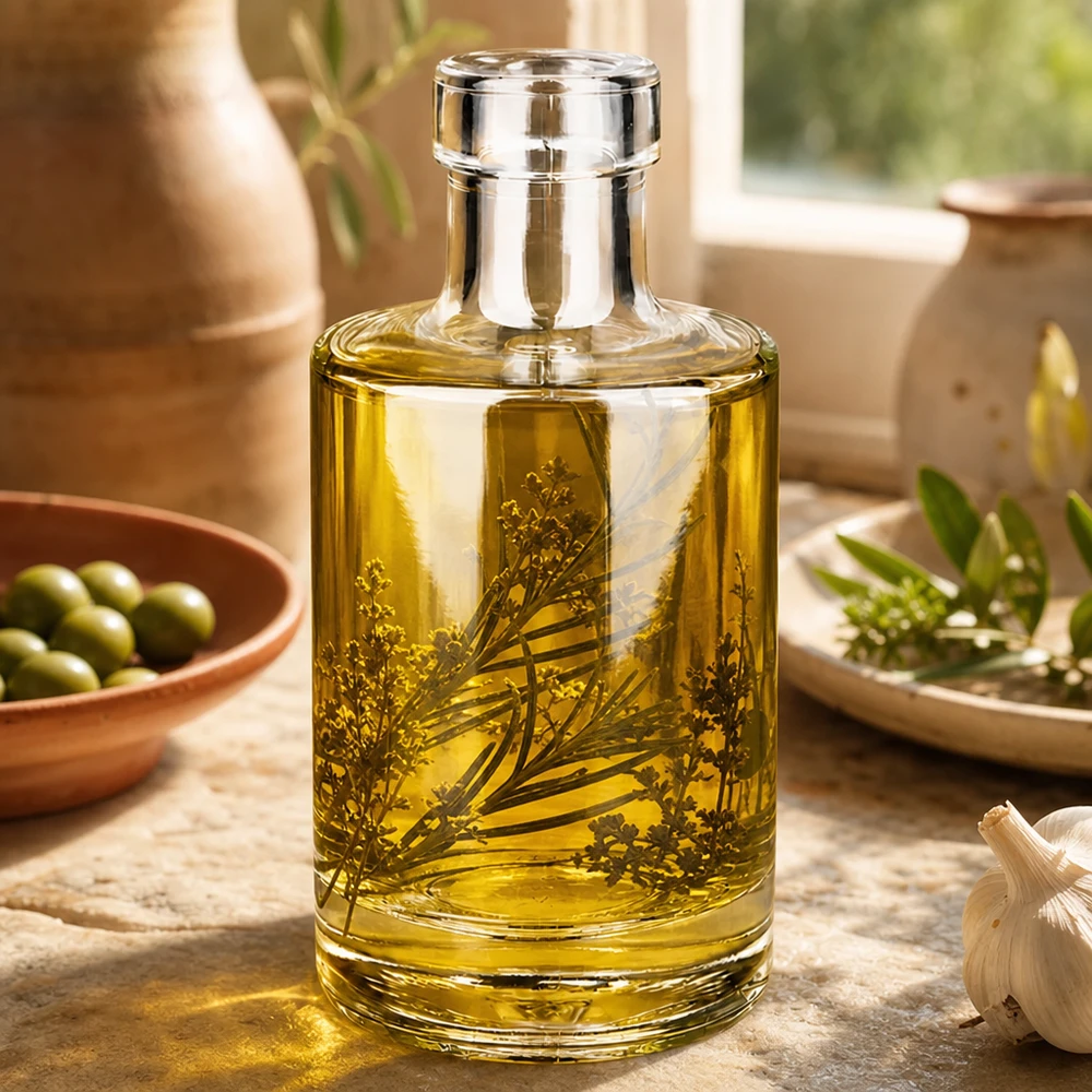 Bottiglia in vetro da 200 ml Marie senza tappo UNiTWIST® Bottiglia di vetro Marie 200ml riempita di olio alle erbe Esempio di applicazione Cucina Decorazione mediterranea Stile di vita