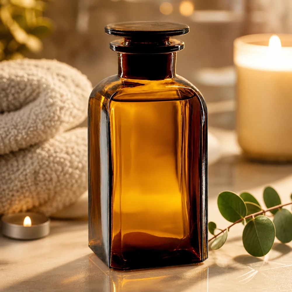 Bottiglia quadrata 350ml marrone con tappo in vetro a collo largo Bottiglia quadrata color ambra da 350 ml con tappo in vetro, in un'atmosfera rilassante da spa con candele