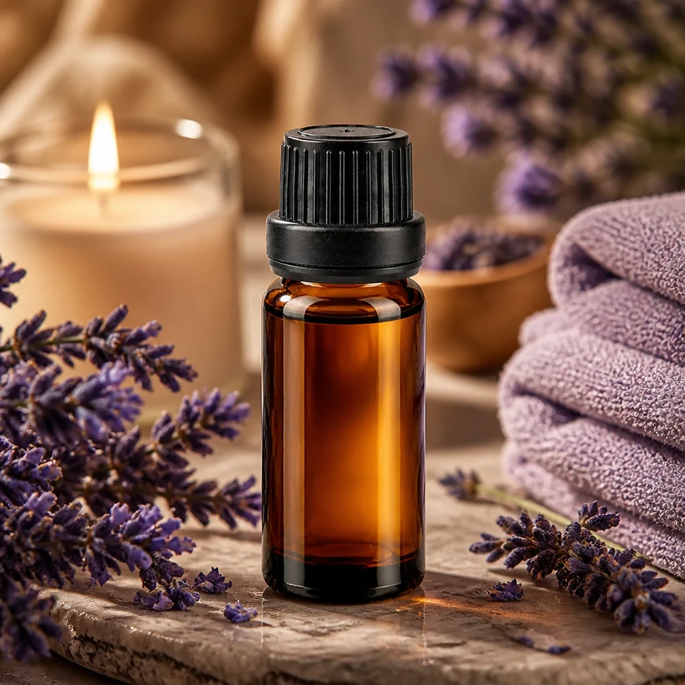 Flacone da farmacia marrone da 10 ml con tappo OV nero, accanto a fiori di lavanda e una candela