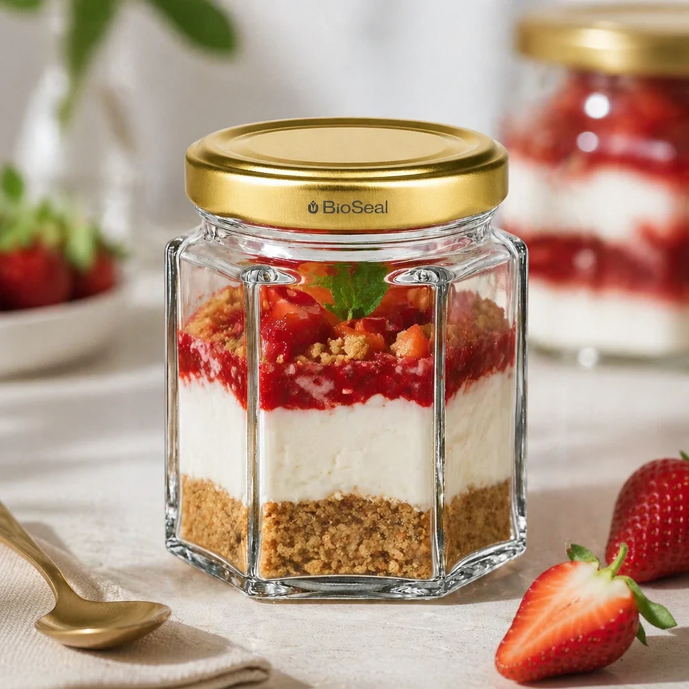 Vasetto per miele da 60 g con capsula dorata BioSeal UNiTWIST Vasetto di miele BioSeal 60g con dessert a strati di cheesecake alle fragole ripieno accanto a un cucchiaio dorato e fragole fresche