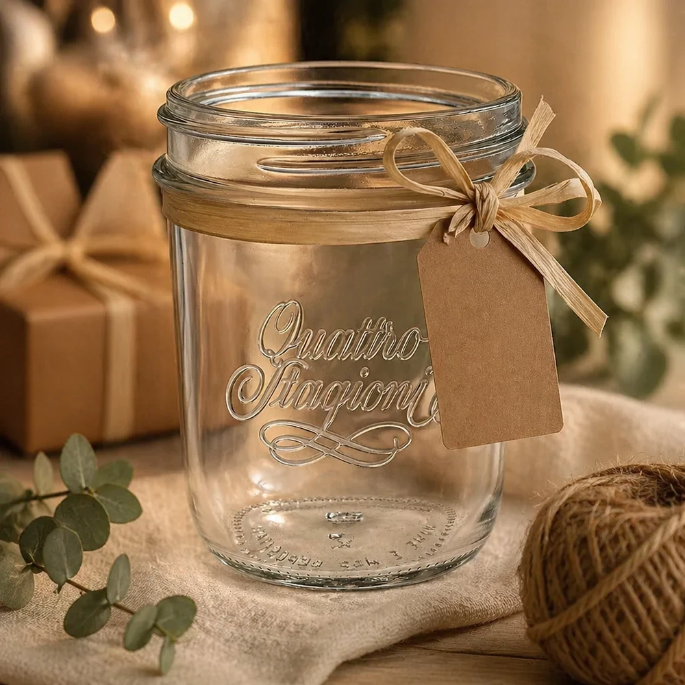 Vasetto Quattro Stagioni da 320 ml con nastro ed etichetta regalo come decorazione su un tavolo di legno rustico