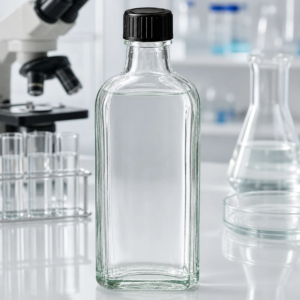Flacone di vetro a fondo piatto da 100 ml, trasparente, con tappo in plastica nera, per uso di laboratorio