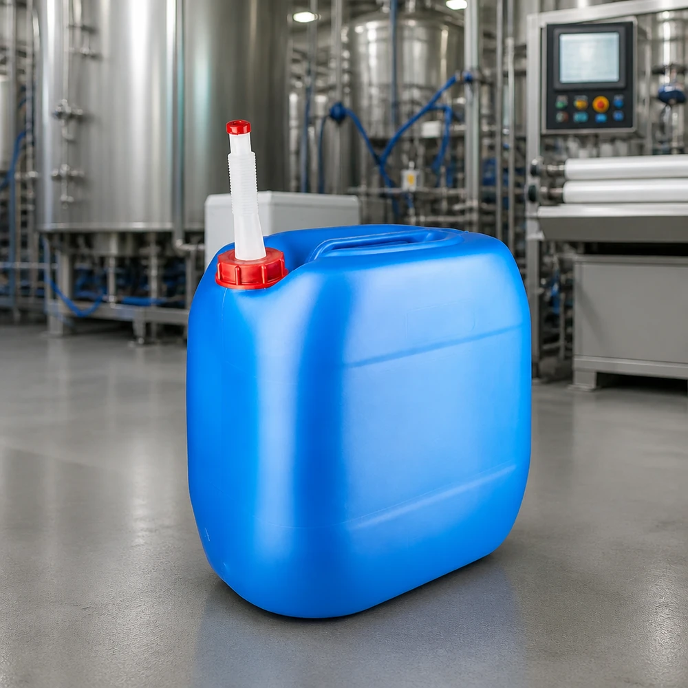 Tanica 30 litri blu con tubo di uscita Flex Tanica industriale da 30 litri, blu con beccuccio flessibile bianco, prodotta in un moderno impianto di produzione
