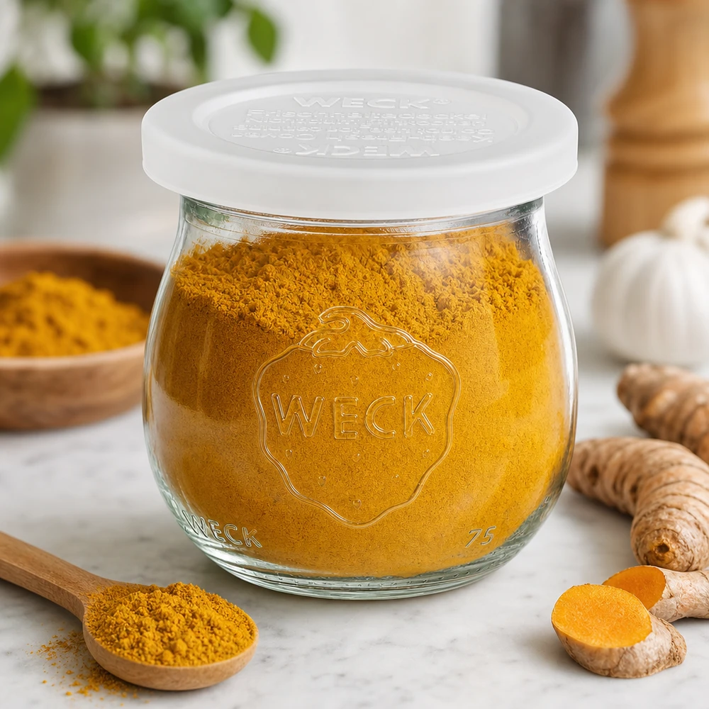Vaso a tulipano WECK 75ml RR40 riempito di polvere di curcuma accanto a radici di curcuma fresche e cucchiaio di legno su marmo
