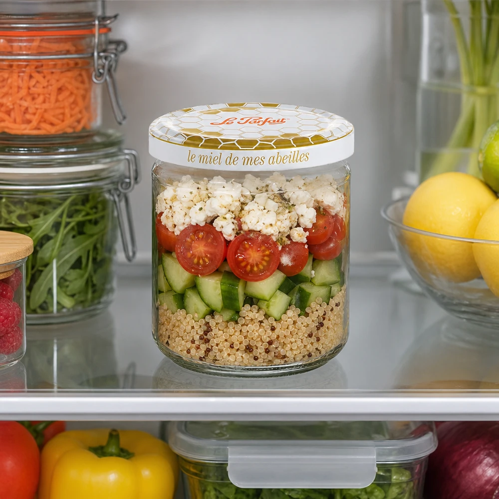 Vasetto Le Parfait Miele 212ml con insalata a strati di quinoa, cetrioli, pomodori e feta in frigorifero