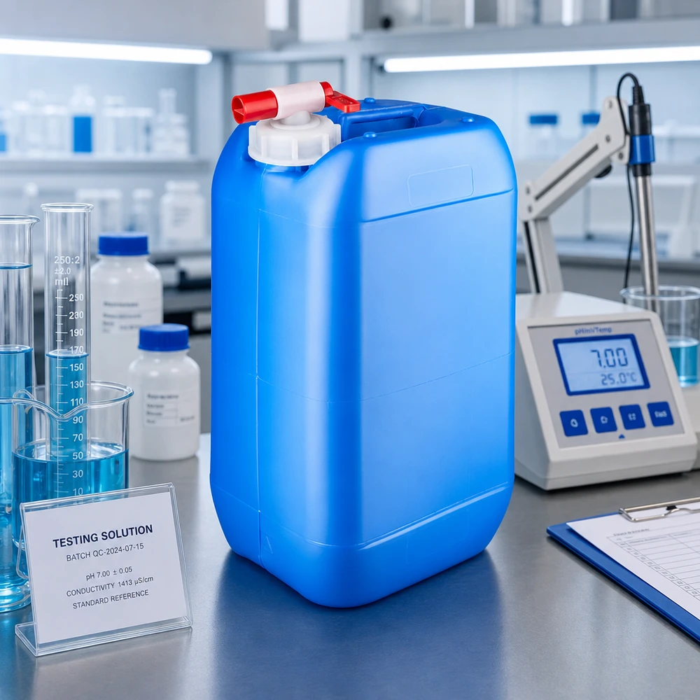 Tanica da laboratorio blu da 15 litri con rubinetto di scarico, accanto a un pH-metro e a provette graduate