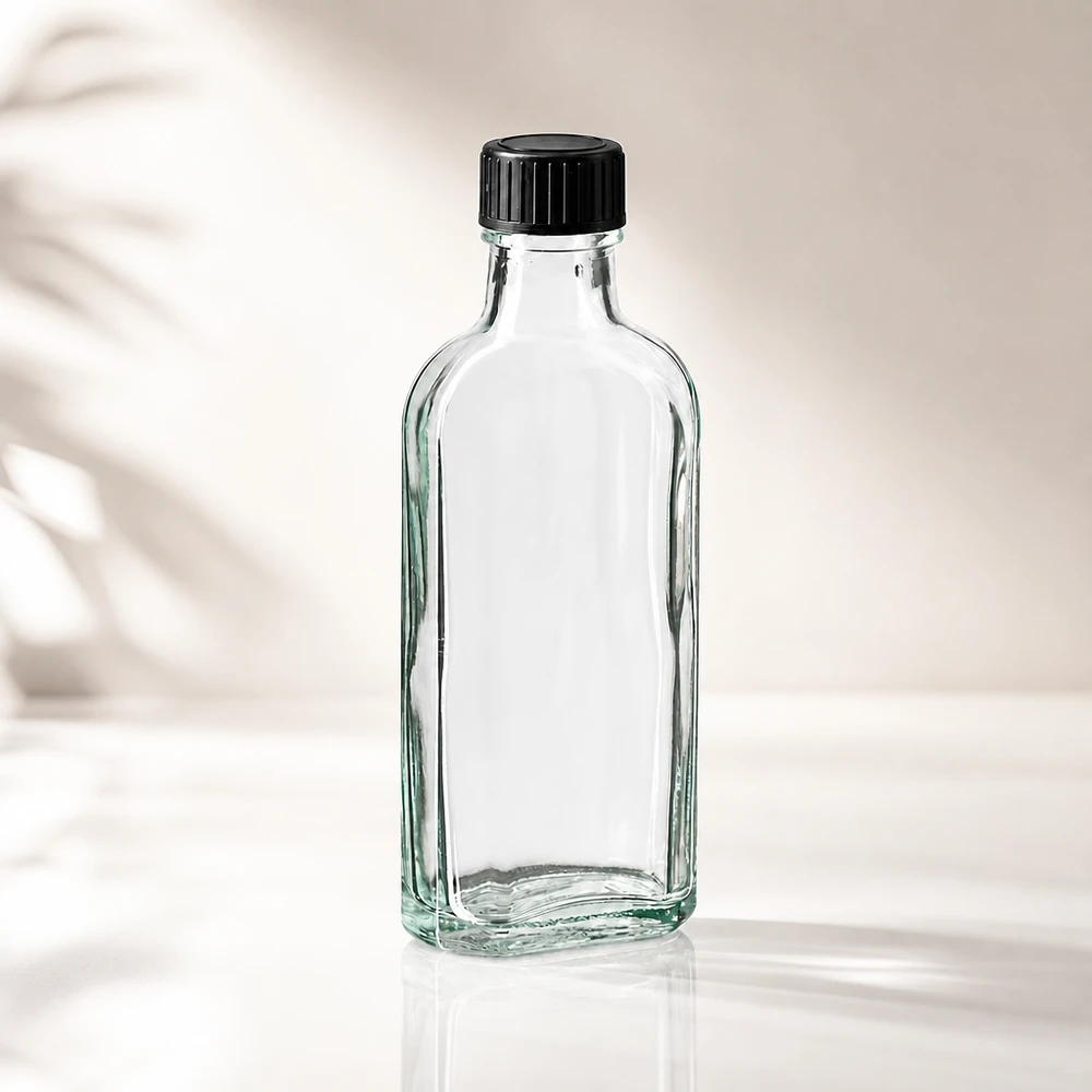 Flacone Meplat trasparente vuoto da 100 ml con tappo a vite nero e guarnizione in EPE, visto frontalmente