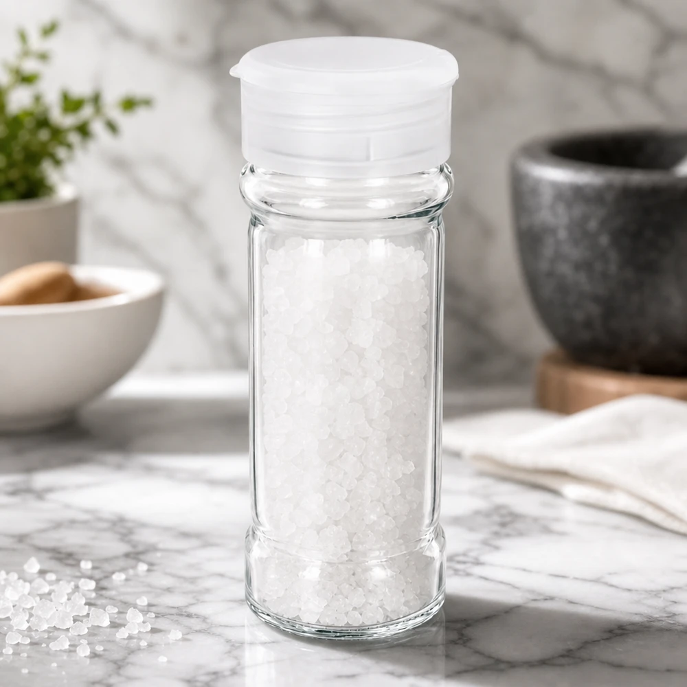 Barattolo per sale/spezie da 100 ml con dosatore, bianco Vaso rotondo per il sale da 100 ml con tappo dosatore bianco, riempito con sale marino grosso, su base in marmo