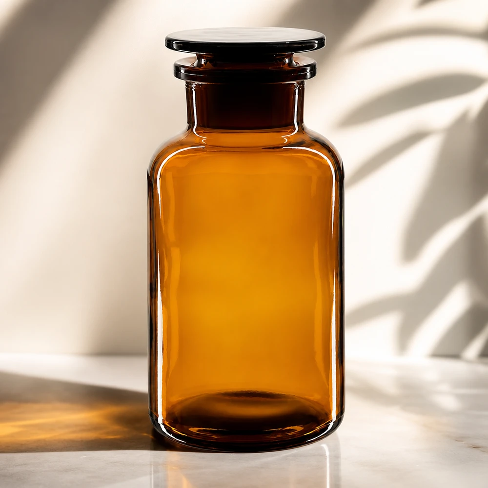 Flacone opaco da 500 ml, marrone, con collo largo e tappo in vetro a tenuta ermetica