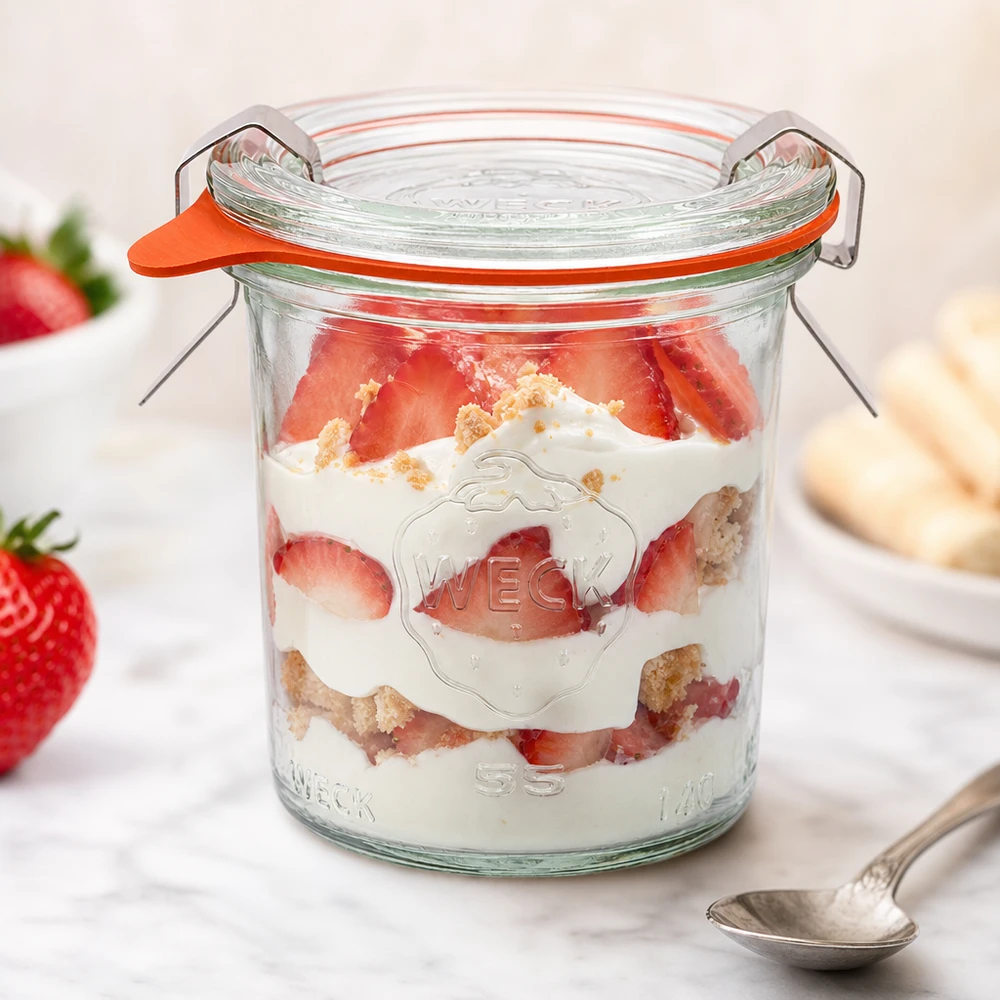 Vaso da 140 ml completo WECK RR60 WECK 140ml RR60 vasetto da dessert con fragole e panna riempito con fragole fresche e briciole di biscotti come vasetto da porzione